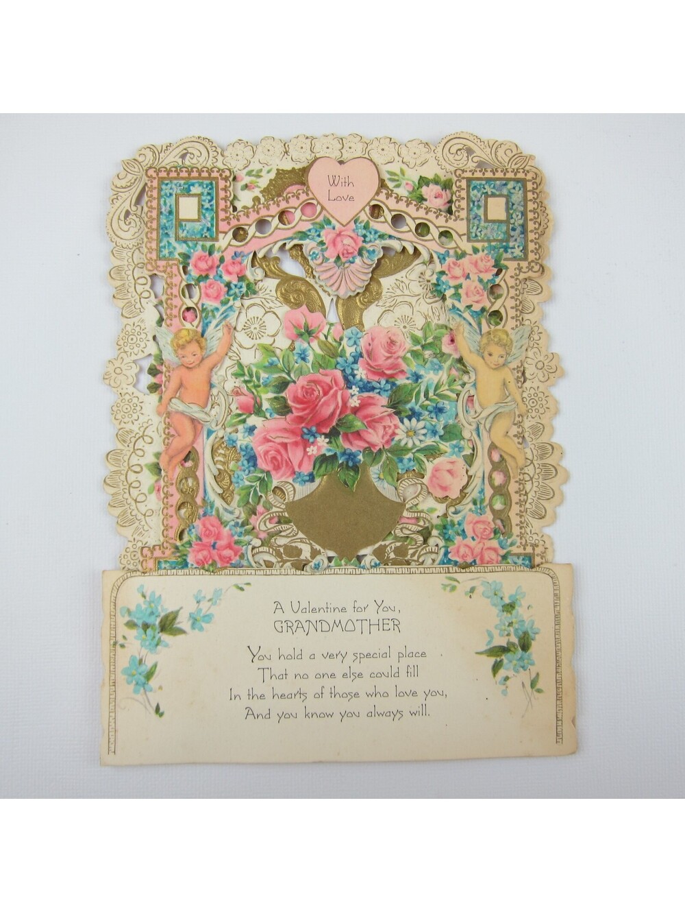 Vintage Valentine Card 3D Pop Up Die Cut Blonde Boy Angels Pink Blue Flower Gold